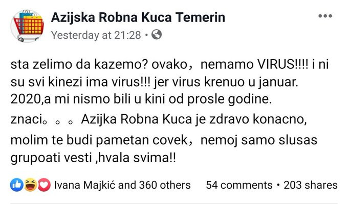 Hit na društvenim mrežama: “Nemamo VIRUS!!!! i ni su svi kinezi ima virus!!!”