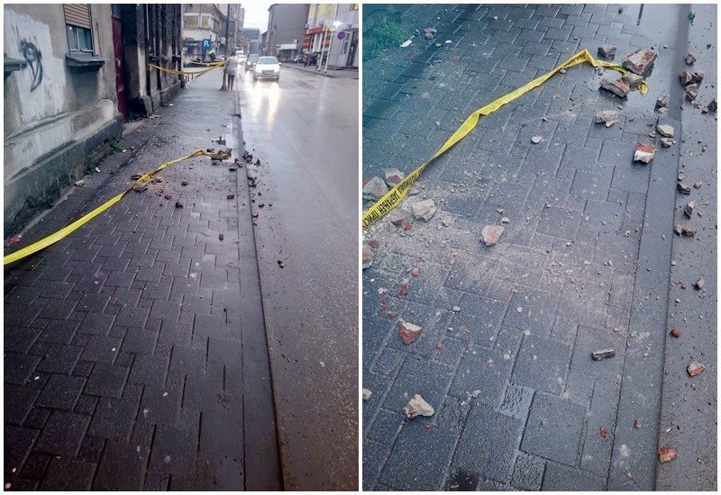 Bijeljina: Fasada se obrušila sa zgrade, trotoar ograđen trakom (FOTO)