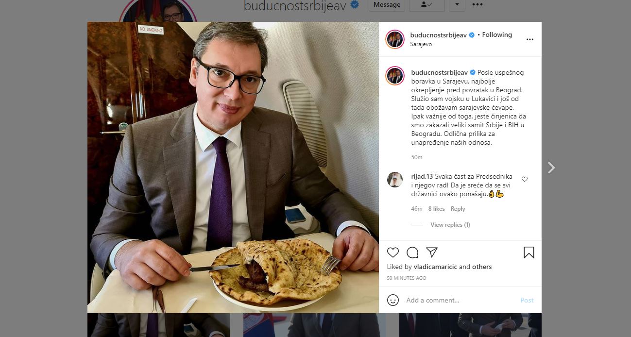 Vučićeva fotografija iz aviona: Obožavam sarajevske ćevape