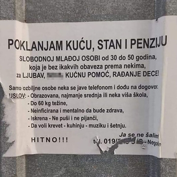 "Poklanjam kuću, stan i penziju" HIT OGLAS penzionera u potrazi za mladom, neinficiranom i mentalno zdravom ženom