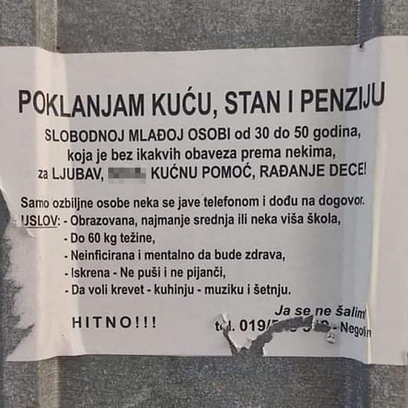 "Poklanjam kuću, stan i penziju" HIT OGLAS penzionera u potrazi za mladom, neinficiranom i mentalno zdravom ženom